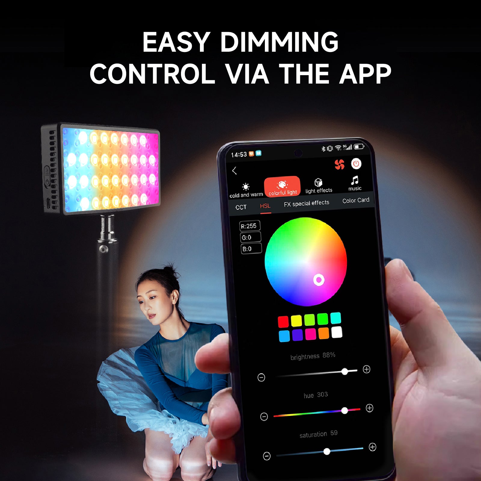 This portable RGB LED fill light puts professional lighting control in your hands via a dedicated mobile app.
