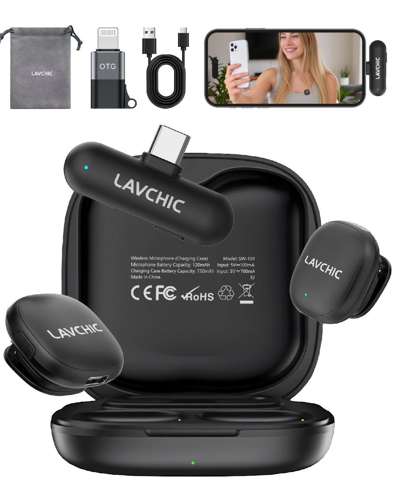 LAVCHIC Wireless Lavalier Mic | 2.4GHz Dual Mics | 48KHz Low Latency | Type-C & Lightning Compatible | for Live Streaming & Vlogging Main image