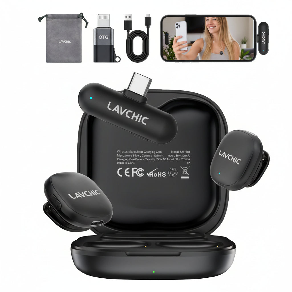 LAVCHIC Wireless Lavalier Mic | 2.4GHz Dual Mics | 48KHz Low Latency | Type-C & Lightning Compatible | for Live Streaming & Vlogging