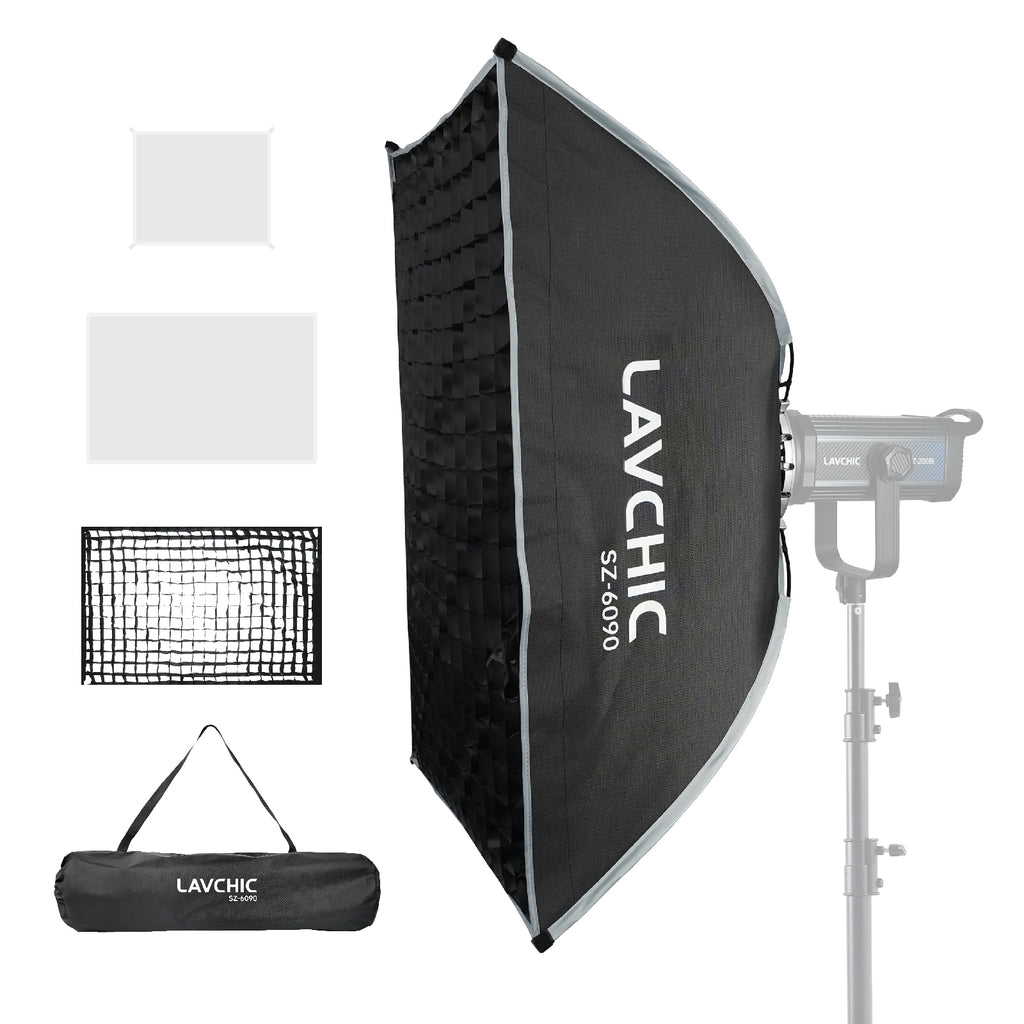 LAVCHIC 60x90cm Rectangular Softbox with Honeycomb Grid, Bowens Mount, Professional Soft Light Modifier for Studio Photography & Video Lighting