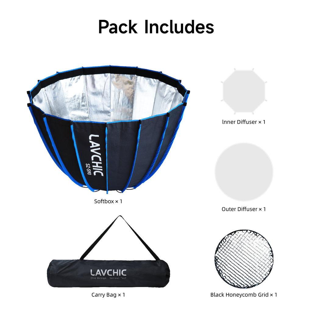 LAVCHIC 90cm Deep Parabolic Softbox | with Honeycomb Grid | Bowens Mount | Professional Soft Light Modifier for Studio & Video Lighting